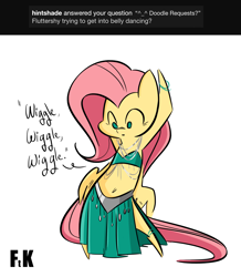 Size: 1468x1683 | Tagged: safe, artist:fluttershythekind, character:fluttershy, species:pony, ankle bracelet, ask, belly button, belly dancer, bipedal, bracelet, clothing, cute, dancing, female, jewelry, midriff, simple background, skirt, solo, tumblr, white background, wiggle