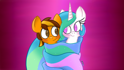 Size: 1300x745 | Tagged: safe, artist:snakeythingy, character:princess celestia, oc, oc:merc fox, species:pony, birthday gift, blushing, canon x oc, looking at each other, mane, prehensile mane, story included, wrapping