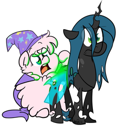 Size: 2893x3000 | Tagged: safe, artist:befishproductions, character:queen chrysalis, oc, oc:fluffle puff, ship:chrysipuff, canon x oc, cape, clothing, female, glow, hat, high res, lesbian, shipping, signature, simple background, transparent background, trixie's cape, trixie's hat