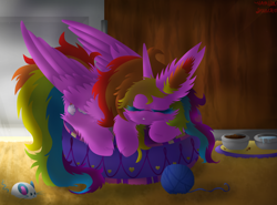 Size: 1024x757 | Tagged: safe, artist:vanillaswirl6, oc, oc only, oc:rainbow cloud, species:alicorn, species:pony, alicorn oc, art trade, baseboard, behaving like a cat, bowl, carpet, cheek fluff, colored eyelashes, crepuscular rays, cute, door, ear fluff, eyes closed, female, fluffy, mare, mouse toy, pet bed, pet food, placemat, pony pet, prone, sleeping, solo, water, wooden walls, yarn, yarn ball