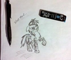 Size: 1024x861 | Tagged: safe, artist:agm, oc, oc only, oc:blackjack, species:pony, species:unicorn, fallout equestria, fallout equestria: project horizons, cutie mark, cyborg, fanfic, fanfic art, female, fourth wall, hooves, horn, mare, solo, traditional art, wtf