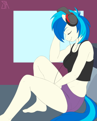 Size: 2400x3000 | Tagged: safe, artist:souladdicted, character:dj pon-3, character:vinyl scratch, species:anthro, species:plantigrade anthro, species:pony, species:unicorn, barefoot, bed, clothing, eyes closed, feet, female, headphones, mare, midriff, relaxing, request, requested art, shorts, smiling, solo, tank top