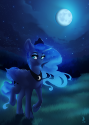 Size: 1000x1400 | Tagged: safe, artist:silentwulv, character:princess luna, species:alicorn, species:pony, ethereal mane, female, forest, full moon, galaxy mane, grass, mare, moon, moonlight, night, night sky, sky, solo, starry night, stars, walking