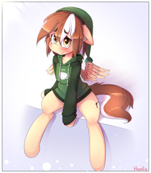 Size: 2000x2300 | Tagged: safe, artist:hoodie, oc, oc only, oc:mocha latte, species:pegasus, species:pony, blushing, bottomless, clothing, commission, cute, ear fluff, hat, hoodie, looking at you, partial nudity, semi-anthro, sitting, smiling, solo