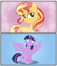 Size: 5483x6267 | Tagged: safe, artist:sugar-loop, edit, edited screencap, screencap, character:sunset shimmer, character:twilight sparkle, character:twilight sparkle (alicorn), species:alicorn, species:pony, ship:sunsetsparkle, episode:simple ways, g4, my little pony: friendship is magic, absurd resolution, blushing, female, floppy ears, lesbian, mare, shipping, spread wings, wingboner, wings