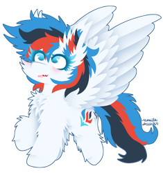 Size: 1434x1528 | Tagged: safe, artist:vanillaswirl6, oc, oc only, oc:retro city, species:pegasus, species:pony, blushing, cheek fluff, chest fluff, colored eyelashes, commission, cute, ear fluff, female, fluffy, happy, looking up, mare, no pupils, open mouth, photoshop, raised hoof, sharp teeth, signature, simple background, solo, spread wings, teeth, transparent background, wings