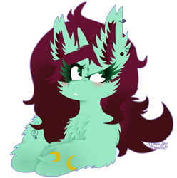 Size: 1812x1826 | Tagged: safe, artist:vanillaswirl6, oc, oc only, oc:mia, species:pony, species:unicorn, blushing, bracelet, cheek fluff, chest fluff, chibi, commission, cute, ear fluff, ear piercing, female, fluffy, jewelry, looking up, lying down, mare, piercing, scrunchy face, signature, simple background, solo, transparent background
