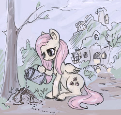 Size: 684x647 | Tagged: safe, artist:agm, character:fluttershy, species:pegasus, species:pony, anthill, ants, canister, existential crisis, female, fluttershy's cottage, folded wings, hoof hold, kerosene, looking at something, looking down, mare, out of character, sitting, solo, tree