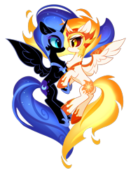 Size: 1105x1400 | Tagged: safe, artist:tomatocoup, character:daybreaker, character:nightmare moon, character:princess celestia, character:princess luna, species:alicorn, species:pony, episode:a royal problem, g4, my little pony: friendship is magic, armor, chest fluff, cute, diabreaker, duo, ear fluff, eye contact, female, helmet, looking at each other, mane of fire, mare, moonabetes, simple background, spread wings, transparent background, wings