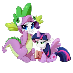 Size: 1200x1200 | Tagged: safe, artist:tomatocoup, character:rarity, character:spike, character:sweetie belle, character:twilight sparkle, character:twilight sparkle (alicorn), species:alicorn, species:dragon, species:pony, species:unicorn, episode:forever filly, g4, my little pony: friendship is magic, adorawat, annoyed, book, clothing, colored pupils, costume, cute, dragon costume, duo, female, filly, kigurumi, lidded eyes, mare, simple background, sitting, smiling, spike suit, sweetie belle is not amused, transparent background, unamused, wat
