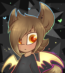 Size: 1764x1979 | Tagged: safe, artist:ashee, oc, oc only, oc:scotch, species:bat pony, species:pony, colored pupils, ear piercing, jumper, piercing, solo, wingding eyes