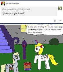 Size: 1132x1294 | Tagged: safe, artist:ask-luciavampire, character:derpy hooves, oc, species:alicorn, species:pony, alicorn oc, ask, blood bag, glowing horn, mail, saddle bag, speech, tumblr, tumblr:ask-luciavampire, vampire, vampony
