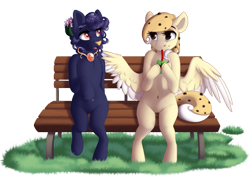 Size: 1100x800 | Tagged: safe, artist:silentwulv, oc, oc only, oc:chocolate chip, oc:sidera, species:pegasus, species:pony, bench, female, food, food pony, mare, original species, simple background, sitting, transparent background