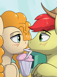Size: 3000x4000 | Tagged: safe, artist:stargazer, character:bright mac, character:pear butter, species:pony, ship:brightbutter, episode:the perfect pear, g4, my little pony: friendship is magic, applejack's parents, blushing, boop, clothing, female, hat, high res, male, milkshake, noseboop, sharing a drink, shipping, straight, straw, that was fast, unshorn fetlocks, wide eyes