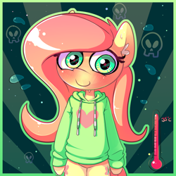 Size: 750x750 | Tagged: safe, artist:hoodie, character:fluttershy, species:pegasus, species:pony, bipedal, clothing, female, hoodie, mare, semi-anthro, simple background, solo, sweat