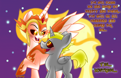 Size: 1130x723 | Tagged: safe, artist:snakeythingy, character:daybreaker, character:princess celestia, oc, oc:quentin, species:alicorn, species:pony, episode:a royal problem, g4, my little pony: friendship is magic, alicorn wings, blushing, canon x oc, dialogue, dream, female, femdom, imzebrony, looking at each other, mind control, mistress, shading, story included