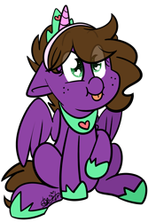Size: 1899x2839 | Tagged: safe, artist:befishproductions, oc, oc only, oc:befish, species:pegasus, species:pony, fake horn, female, heart eyes, mare, signature, simple background, sitting, solo, tongue out, transparent background, wingding eyes