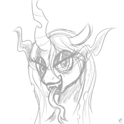Size: 2000x2000 | Tagged: safe, artist:yakoshi, character:queen chrysalis, species:changeling, bust, dark magic, female, long tongue, magic, monochrome, open mouth, portrait, sketch, solo, sombra eyes, tongue out