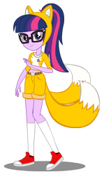 Size: 1555x2610 | Tagged: safe, artist:trungtranhaitrung, character:twilight sparkle, character:twilight sparkle (scitwi), species:eqg human, my little pony:equestria girls, belly button, checkered background, clothing, converse, cosplay, costume, crossover, female, fox ears, glasses, looking at you, midriff, miles "tails" prower, raised leg, shoes, shorts, simple background, smiling, socks, solo, sonic the hedgehog (series), transparent background, waving