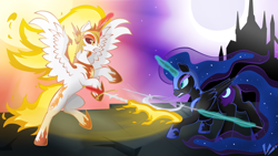 Size: 3840x2160 | Tagged: safe, artist:virenth, character:daybreaker, character:nightmare moon, character:princess celestia, character:princess luna, species:alicorn, species:pony, episode:a royal problem, g4, my little pony: friendship is magic, duo, female, fight, fire, looking at each other, mare, moon, sisters, sun, weapon