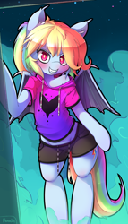 Size: 1900x3333 | Tagged: safe, artist:hoodie, character:rainbow dash, species:bat pony, species:pony, bat ponified, bipedal, blushing, clothing, cloud, fangs, female, hoodie, leaning, looking at you, mare, night, off shoulder, race swap, semi-anthro, shorts, solo, wide hips