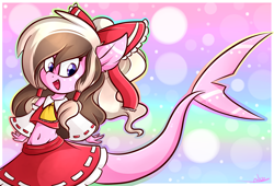 Size: 3000x2040 | Tagged: safe, artist:ashee, oc, oc only, oc:ashee, species:anthro, belly button, bow, clothing, cosplay, costume, fangs, hair bow, hakurei reimu, original species, shark, shark pony, solo, touhou