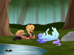 Size: 4000x3000 | Tagged: safe, artist:ohhoneybee, oc, oc only, oc:kyllian, species:pegasus, species:pony, female, forest, high res, mare, on back, pond, prone, tree