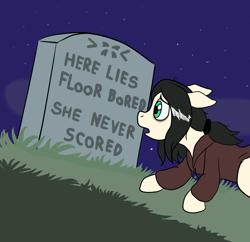 Size: 992x960 | Tagged: safe, artist:scraggleman, oc, oc only, oc:floor bored, species:earth pony, species:pony, beavis and butthead, clothing, gravestone, he never scored, hoodie, parody, solo, stars
