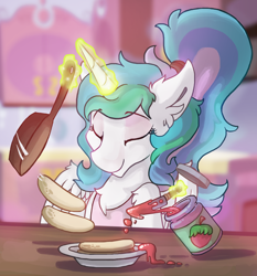 Size: 900x964 | Tagged: safe, artist:saxopi, character:princess celestia, species:alicorn, species:pony, alternate hairstyle, apron, chest fluff, clothing, cooking, ear fluff, eyes closed, female, food, frying pan, jam, leg fluff, levitation, magic, morning ponies, pan, pancakes, ponytail, robe, smiling, solo, strawberry jam, telekinesis, wing fluff