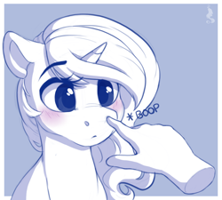 Size: 1000x900 | Tagged: safe, artist:silentwulv, character:princess luna, species:human, species:pony, blushing, boop, cute, disembodied hand, duo, female, hand, lunabetes, mare, monochrome, offscreen character