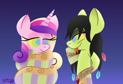 Size: 1060x730 | Tagged: safe, artist:snakeythingy, character:princess cadance, oc, oc:cora, species:lamia, species:pony, coils, eyelashes, eyeshadow, gradient background, happy trance, hypnosis, hypnotized, implied bondage, kaa eyes, mafiles50, makeup, mind control, missing accessory, original species, relaxing, smiling, snake pony, submissive, trance
