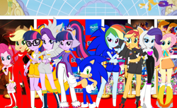 Size: 3624x2217 | Tagged: safe, artist:trungtranhaitrung, character:applejack, character:fluttershy, character:pinkie pie, character:rainbow dash, character:rarity, character:sonic the hedgehog, character:starlight glimmer, character:sunset shimmer, character:twilight sparkle, character:twilight sparkle (scitwi), species:eqg human, equestria girls:mirror magic, g4, my little pony: equestria girls, my little pony:equestria girls, spoiler:eqg specials, amy rose, blaze the cat, clothing, cosplay, costume, cream the rabbit, crossover, friends, group, hand on hip, knuckles the echidna, looking at you, mane six, miles "tails" prower, rouge the bat, shadow the hedgehog, silver the hedgehog, smiling, sonic the hedgehog (series)