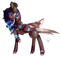 Size: 1024x979 | Tagged: safe, artist:xxmissteaxx, oc, oc only, oc:amerilla, species:pegasus, species:pony, art trade, colored wings, deer tail, female, gradient hair, hair bun, heterochromia, mare, multicolored wings, raised hoof, simple background, solo, transparent background