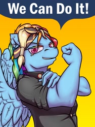 Size: 960x1280 | Tagged: safe, artist:krd, character:rainbow dash, species:anthro, colored eyebrows, colored eyelashes, ear piercing, earring, female, flexing, hairband, jewelry, latex, muscles, piercing, pride, rainbow lashes, rosie the riveter, rubber, solo