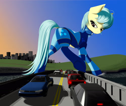 Size: 3016x2550 | Tagged: safe, artist:styroponyworks, oc, oc only, oc:ultramare, species:earth pony, species:pony, 3d, belly button, blender, bodysuit, bridge, building, car, city, clothing, dock, giant pony, high res, looking back, macro, mixed media, raised leg, solo, underhoof, water