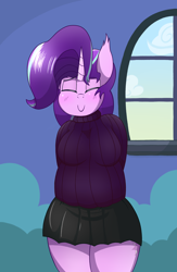 Size: 1950x3000 | Tagged: safe, artist:dragonpone, derpibooru original, character:starlight glimmer, species:anthro, species:pony, species:unicorn, g4, arm behind back, big breasts, blushing, breasts, busty starlight glimmer, chubby, clothing, cute, ear fluff, eyes closed, female, miniskirt, moe, plump, skirt, smiling, solo, starlight's room, sweater, thighs, window