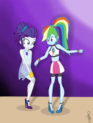 Size: 768x1024 | Tagged: safe, artist:ilaria122, character:rainbow dash, character:rarity, my little pony:equestria girls, bad anatomy, clothing, compression shorts, cute, geode of shielding, geode of super speed, hair bun, high heels, jewelry, legs, magical geodes, midriff, moe, ponytail, shoes, skirt