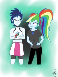 Size: 768x1024 | Tagged: safe, artist:ilaria122, character:rainbow dash, character:soarin', ship:soarindash, my little pony:equestria girls, clothes swap, clothing, compression shorts, crossed arms, geode, hand on hip, jewelry, male, meme, otp, pants, ponytail, shipping, skirt, straight