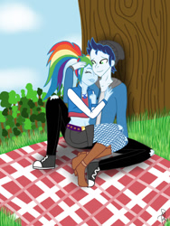 Size: 768x1024 | Tagged: safe, artist:ilaria122, character:rainbow dash, character:soarin', ship:soarindash, my little pony:equestria girls, boots, clothing, converse, cuddling, hat, male, midriff, outdoors, pants, picnic, ponytail, shipping, shoes, shorts, straight