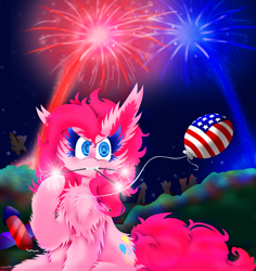 Size: 1024x1085 | Tagged: safe, artist:vanillaswirl6, character:pinkie pie, species:pony, 4th of july, >:), american independence day, background pony, balloon, cheek fluff, chest fluff, colored eyelashes, colored pupils, cute, ear fluff, female, fireworks, fluffy, grass, grin, holiday, hoof fluff, hoof hold, impossibly large chest fluff, independence day, looking at you, mare, messy mane, mouth hold, night, photoshop, raised hoof, sharp teeth, sitting, smiling, smirk, solo focus, sparklers, sparkles, teeth, united states