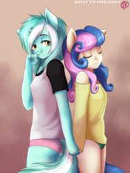 Size: 1600x2133 | Tagged: safe, artist:spittfireart, character:bon bon, character:lyra heartstrings, character:sweetie drops, species:anthro, ship:lyrabon, clothing, female, lesbian, panties, shipping, sweater, t-shirt, underwear