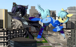 Size: 3900x2400 | Tagged: safe, artist:styroponyworks, oc, oc only, oc:orchid, oc:ultramare, species:earth pony, species:pony, 3d, badass, blender, blood, building, car, city, clothing, destruction, dock, duo, female, fight, giant pony, gritted teeth, kaiju, kaiju pony, kick, looking back, macro, mare, mixed media, street, torn clothes