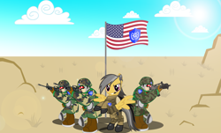 Size: 3769x2278 | Tagged: safe, artist:trungtranhaitrung, character:daring do, species:pony, army, crossover, desert, flag, g.u.n, g36c, guardian units of nations, m4 carbine, shield, sonic the hedgehog (series), symbol, united states, weapon