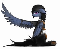 Size: 2731x2224 | Tagged: safe, artist:fenixdust, oc, oc only, oc:elixir, species:pegasus, species:pony, boots, broken wing, clothing, female, floppy ears, hat, jacket, looking back, mare, shoes, simple background, sitting, solo, white background, wing brace, wings