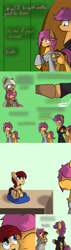 Size: 1500x5250 | Tagged: safe, artist:conmanwolf, character:scootaloo, oc, oc:lightning blitz, oc:sandy hooves, parent:rain catcher, parent:scootaloo, parents:catcherloo, species:pegasus, species:pony, comic:ask motherly scootaloo, motherly scootaloo, absurd resolution, baby, baby pony, colt, comic, dialogue, factory scootaloo, female, hairpin, holding a pony, male, mother and son, offspring, older, older scootaloo, self paradox, sweatshirt