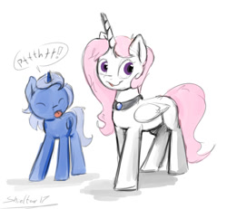 Size: 1261x1167 | Tagged: safe, artist:shieltar, character:princess celestia, character:princess luna, species:pony, cewestia, colored sketch, female, filly, filly celestia, filly luna, older, pink-mane celestia, sketch, woona, younger