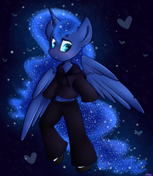Size: 2993x3428 | Tagged: safe, artist:ashee, character:princess luna, species:alicorn, species:anthro, species:pony, belly button, blushing, clothing, female, hoodie, jacket, pants, solo