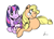 Size: 1280x915 | Tagged: safe, artist:rwl, character:applejack, character:princess flurry heart, character:twilight sparkle, character:twilight sparkle (alicorn), species:alicorn, species:earth pony, species:pony, ship:twijack, g4, baby, baby pony, best aunt ever, blushing, crying, cuddling, female, filly, hatless, lesbian, mare, missing accessory, shipping, signature, simple background, snuggling, tears of joy, white background, young