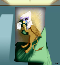 Size: 3300x3600 | Tagged: safe, artist:styroponyworks, character:gilda, species:griffon, bed, blanket, envelope, feather, female, hay, implied gildash, implied lesbian, implied shipping, letter, mail, solo