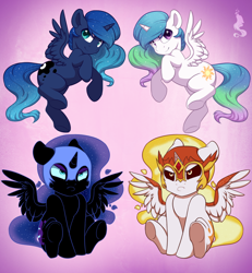 Size: 1200x1299 | Tagged: safe, artist:silentwulv, character:daybreaker, character:nightmare moon, character:princess celestia, character:princess luna, species:alicorn, species:pony, episode:a royal problem, g4, my little pony: friendship is magic, chibi, cute, diabreaker, duality, female, filly, grumpy, moonabetes, nightmare woon, royal sisters, sitting